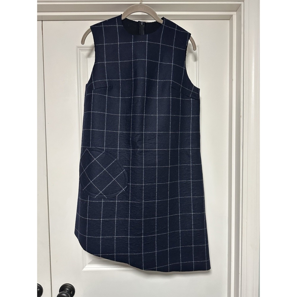Jacquemus, La Femme Enfant,‎ Navy Window Pane, Asymmetrical Cut Dress, Wool, 36
